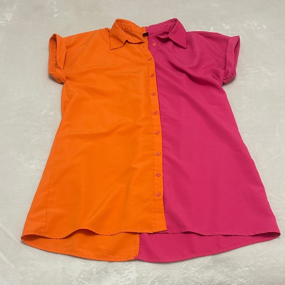 SHEIN Women's Orange and Pink Button Down Shirt Dress